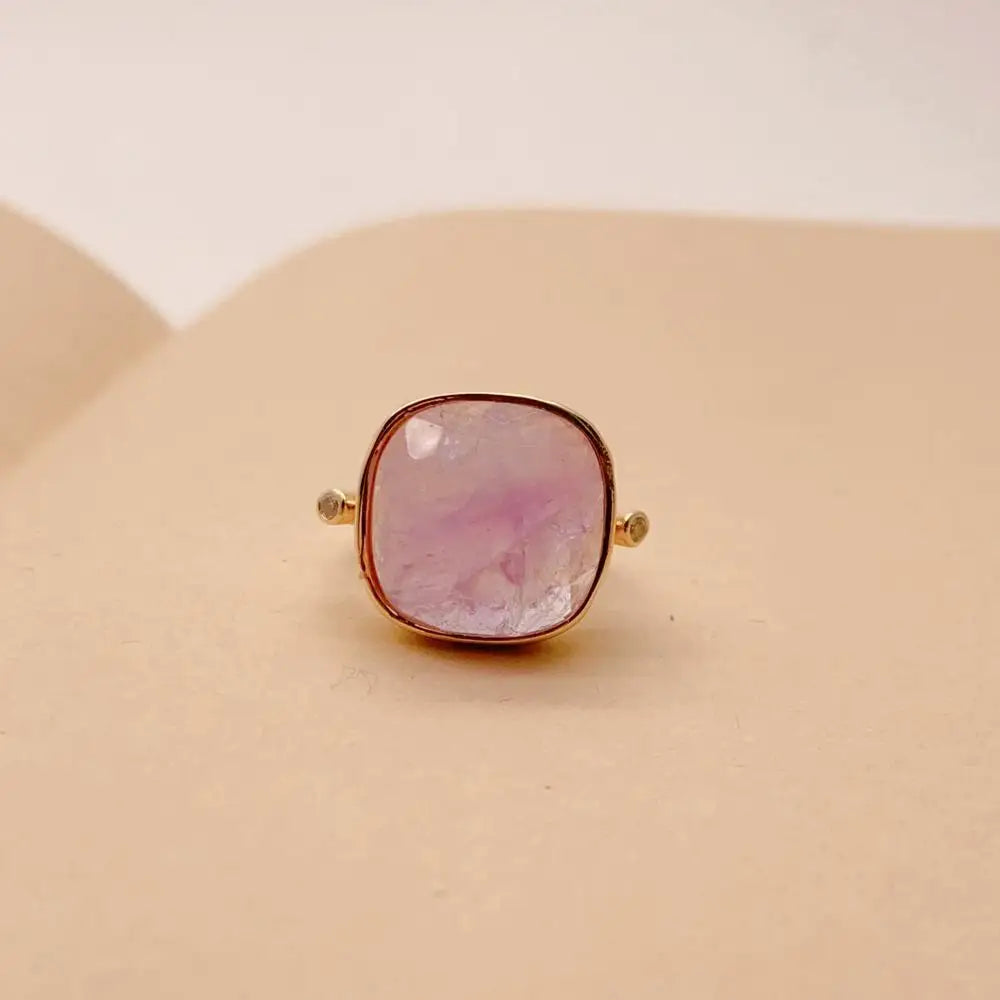 18K Gold Plated Copper Ring with Natural Purple Amethyst Stone, Adjustable