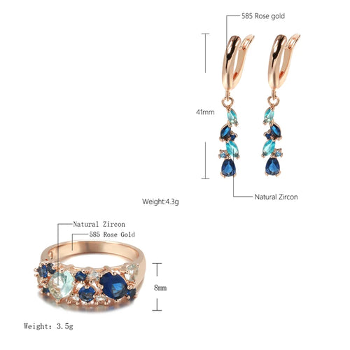 14K Rose Gold Plated Copper Earrings & Ring with Blue Natural Zircons