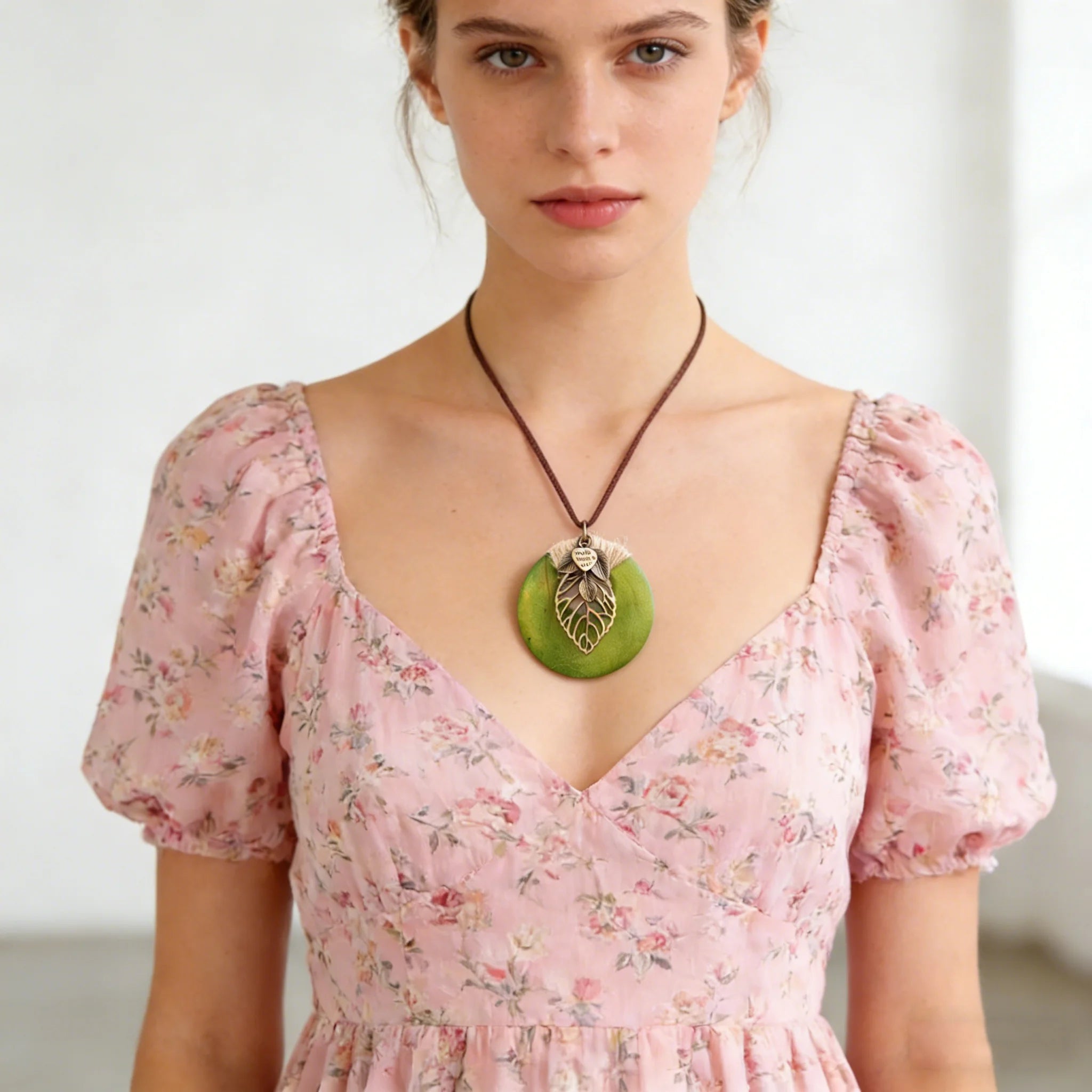 Round Wood Pendant Zink Alloy Leaf Rope Chain