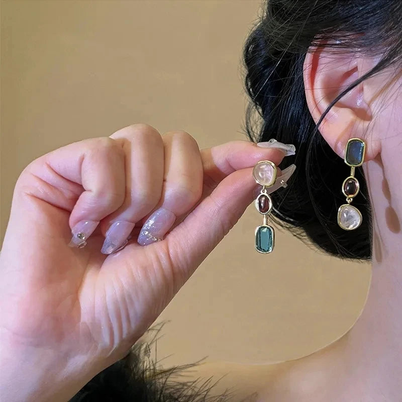 Asymmetric Colorful Resin Stones Alloy Drop Earrings