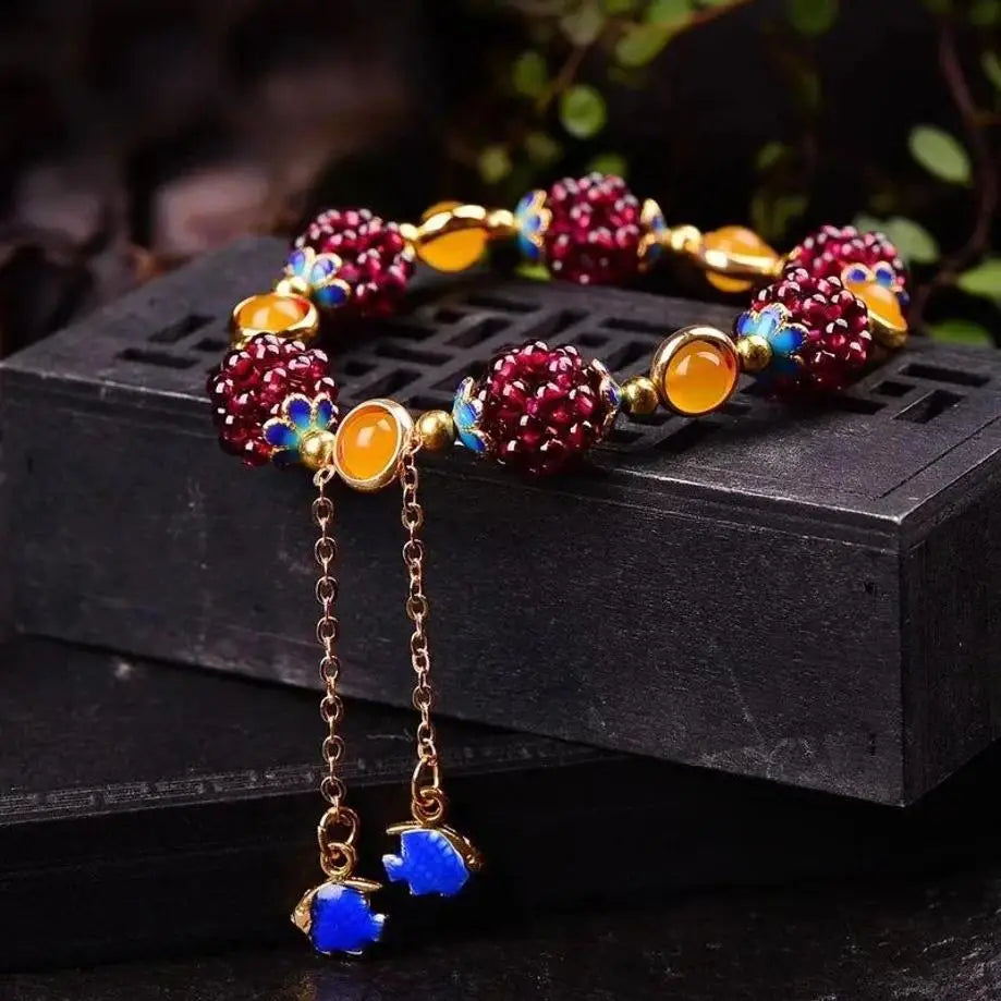 Pomegranate Fruit Blue Flower Tianhe Stone Beaded Strand Bracelet - Nature Inspired Unique