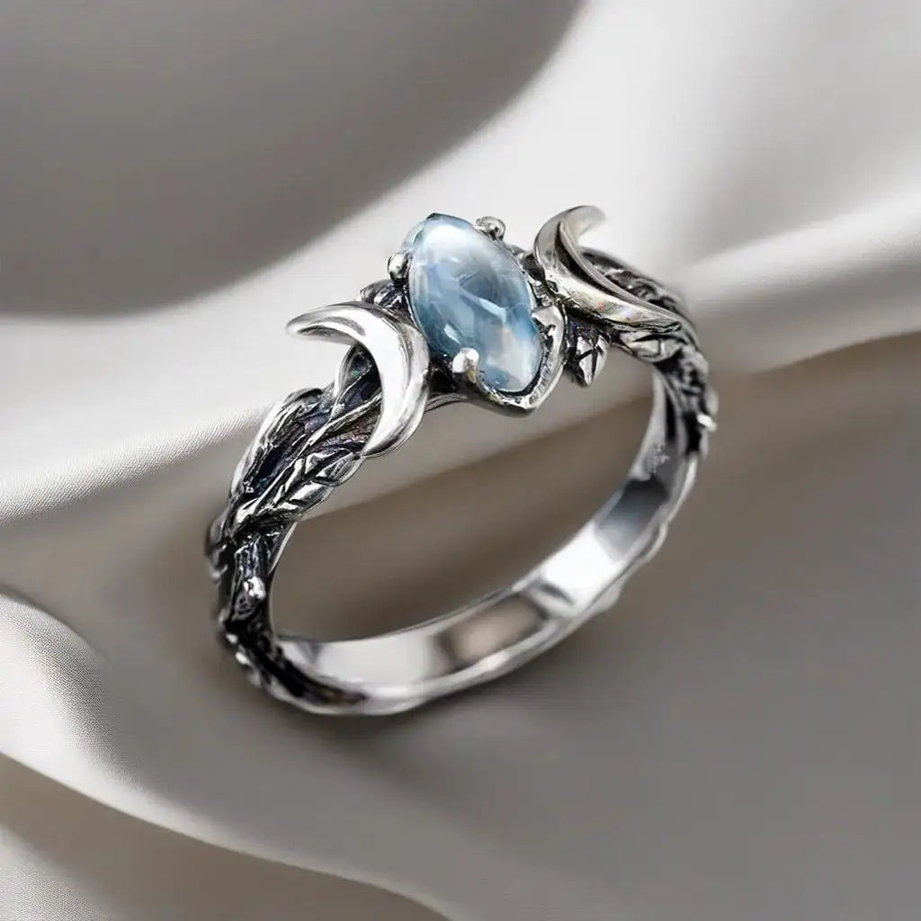Unique Stainless Steel Natural Blue Moonstone Crescent Moon Ring