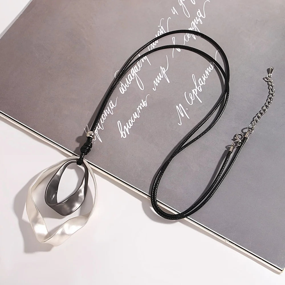 Bold Two-Tone Geometric Circle Zinc Alloy Pendant Long Faux Leather Rope Necklace