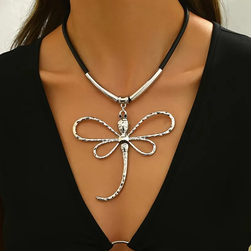 Bold Boho Style Silver Dragonfly Alloy Pendant on Long Cord Choker Necklace