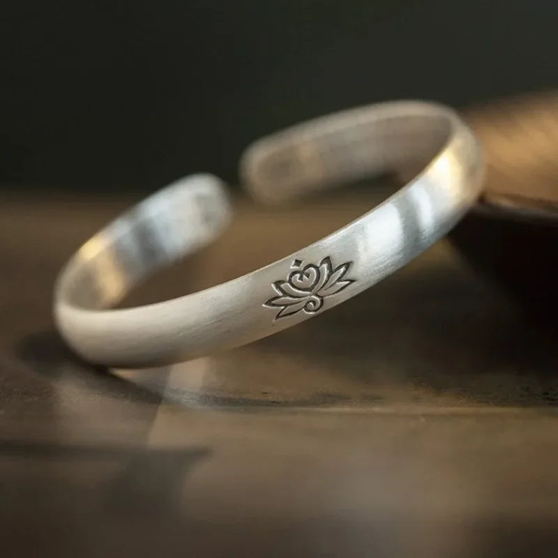 Matte 925 Silver Lotus Flower Engraved Bracelet