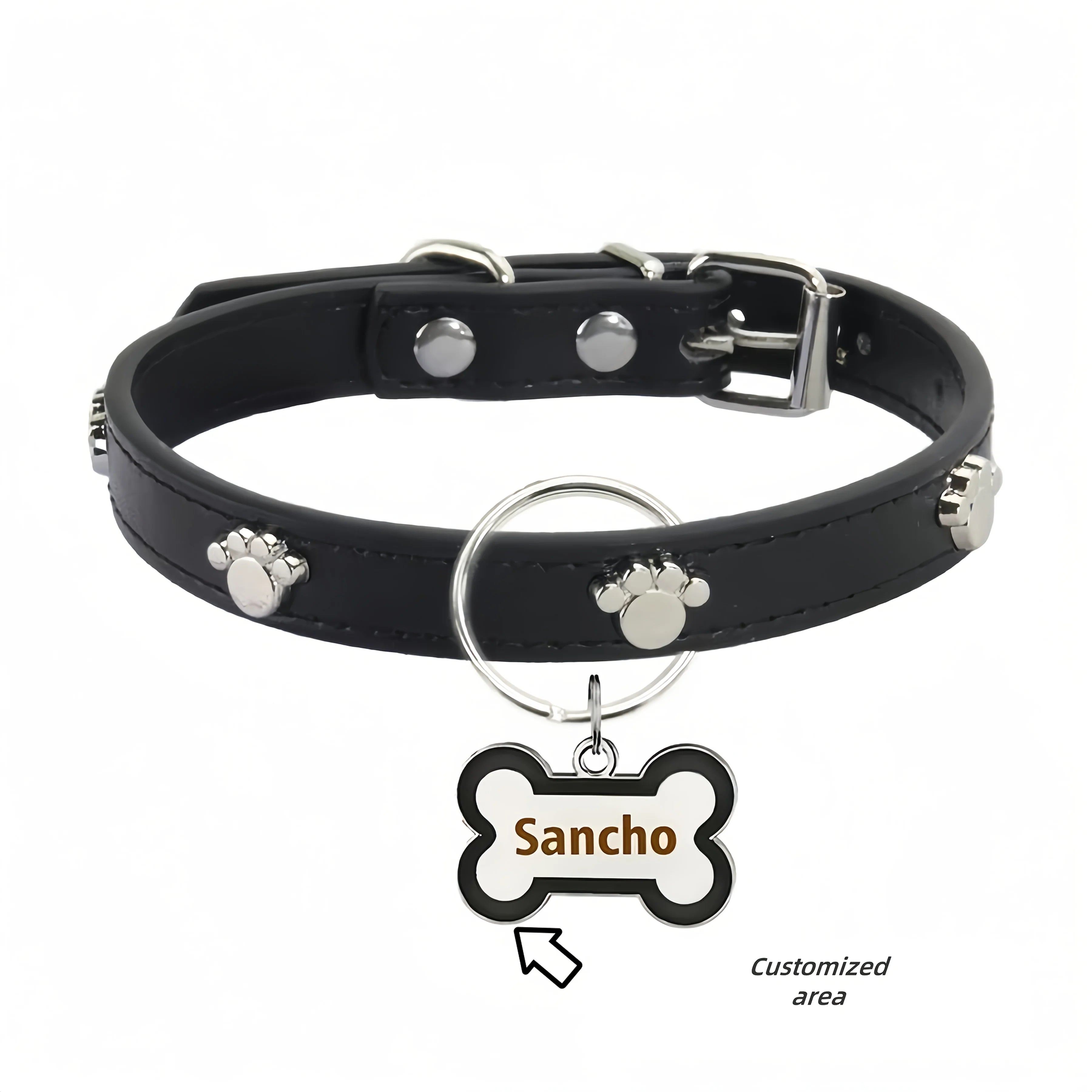 PU Leather Dog Collar with Bone-Shaped Pet Tag, Double-Sided, Engraved Pet Name and Phone