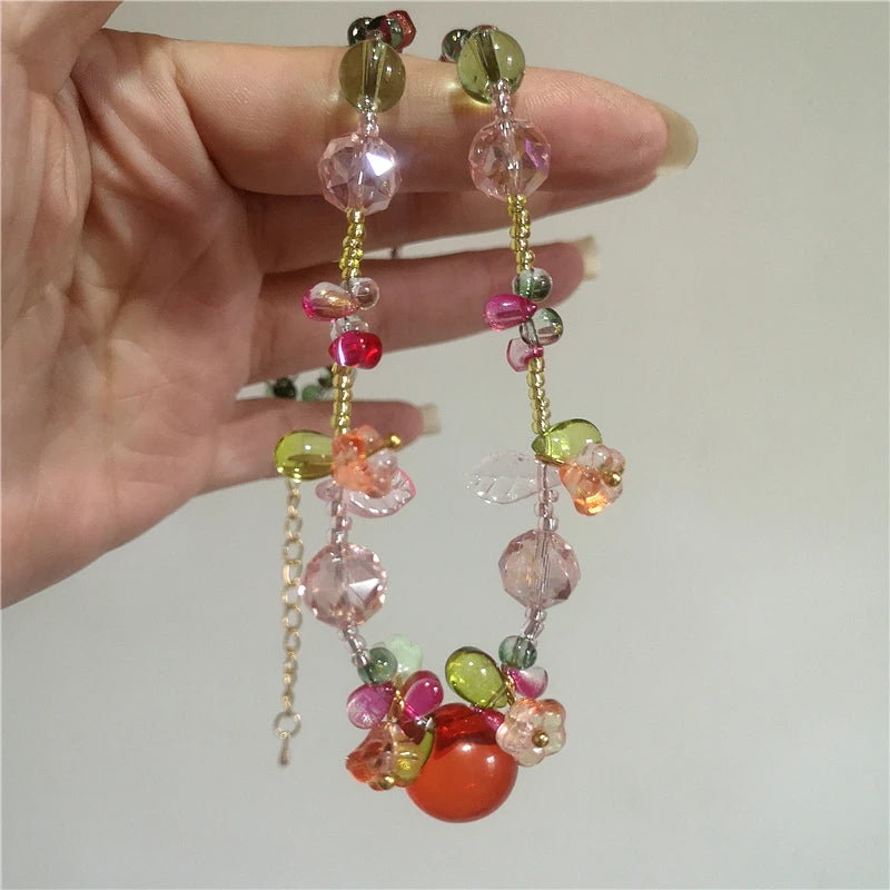 Resin Cherry Fruit Flower Bead Choker Necklace