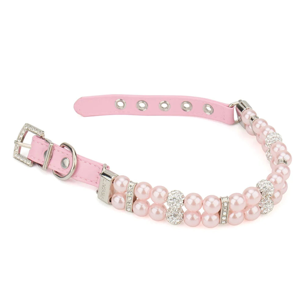 Faux Pearl Pet PU Leather Collar Necklace with Rhinestones