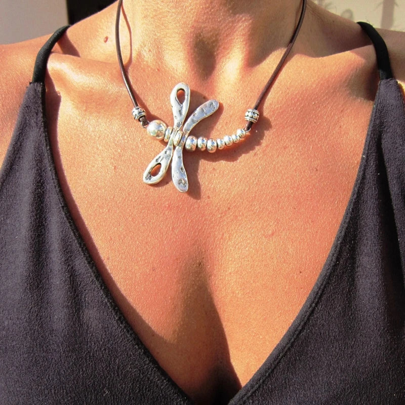 Bold Oversized Boho Beaded Dragonfly Alloy Pendant Rope Necklace