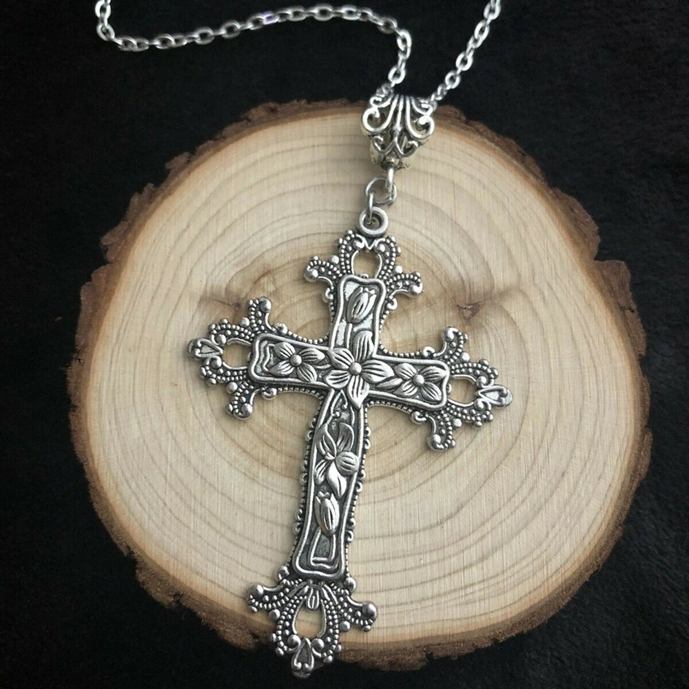 Large Gothic Victorian Flower Detailed Cross Zinc Alloy Necklace 19cm