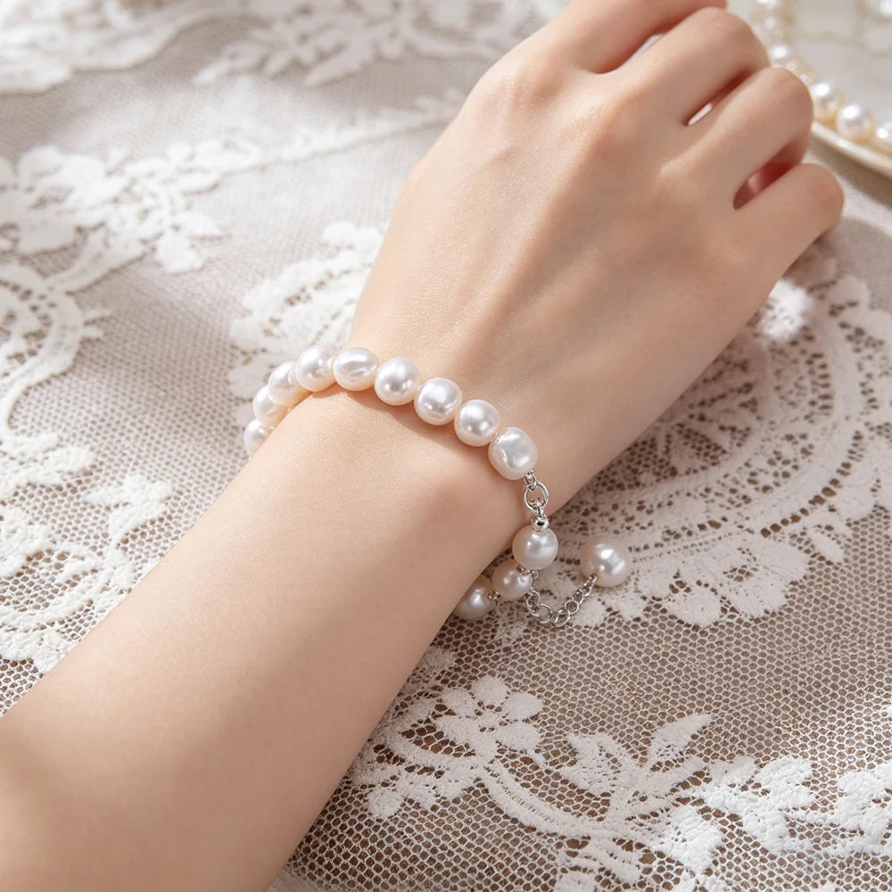 925 Sterling Silver Freshwater 8-9mm White Pearl Bracelet