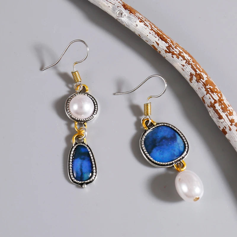 Boho Faux Pearl Blue Stone Dangle Alloy Earrings