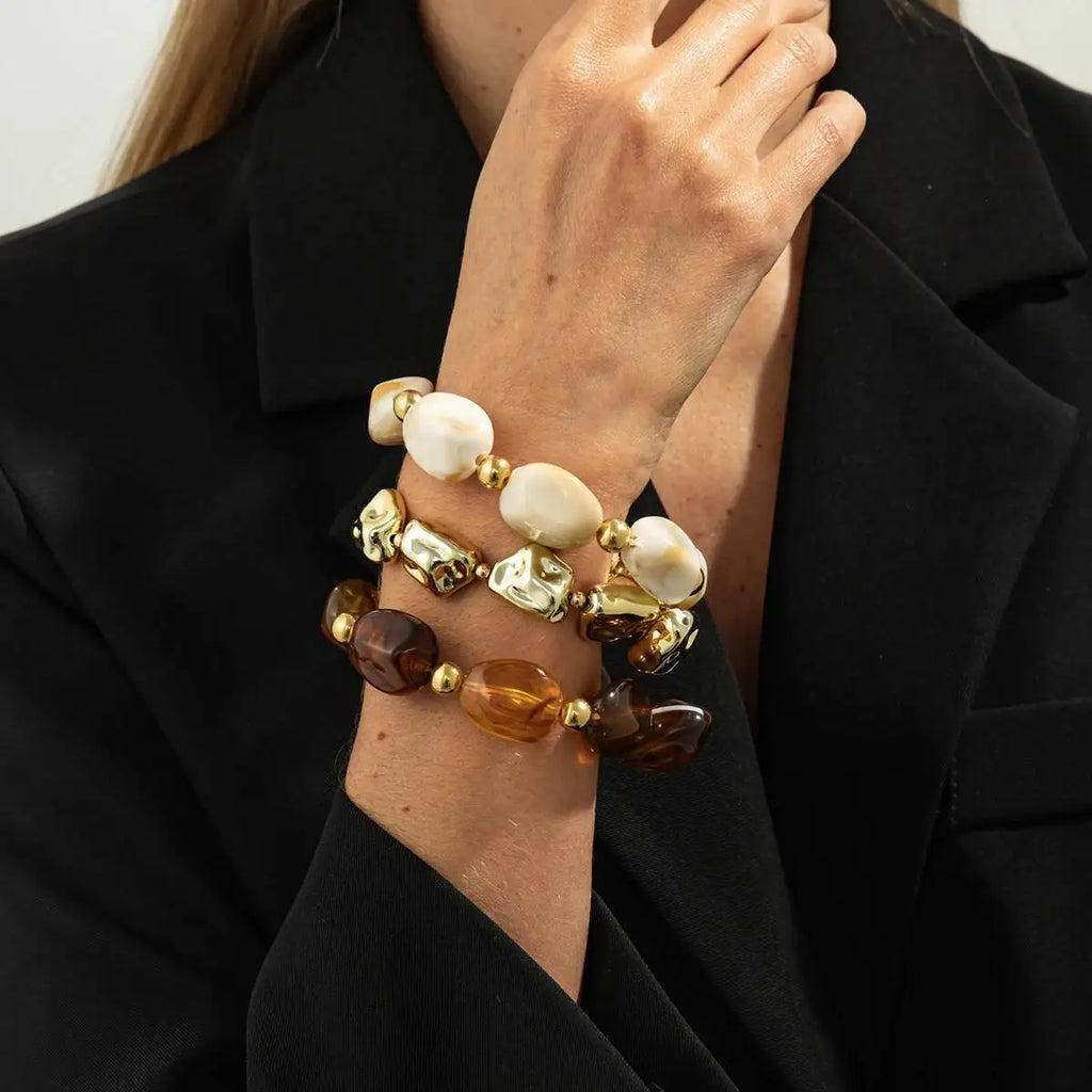3 Pcs Set Acrylic Resin Copper Coated Bead Bracelets - Y2K Bohemian Uneven Various Forms