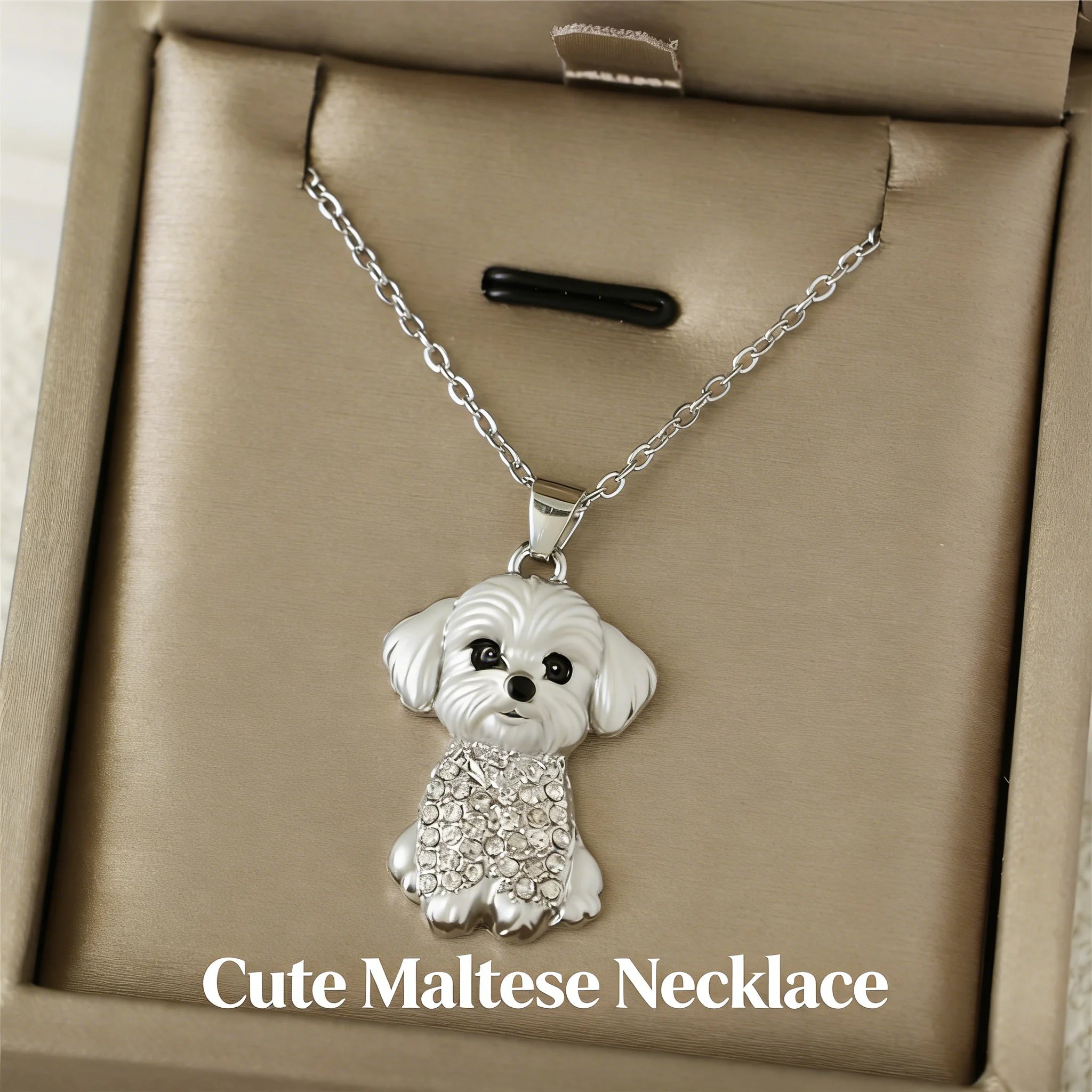 Cute Sparkling Maltese Puppy Pendant Necklace Zinc Alloy & Stainless Steel