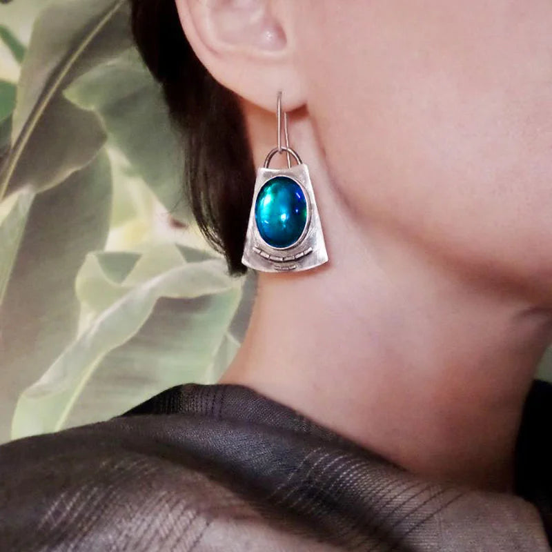Bold Vintage Inspired Oval Moonstone Square Alloy Dangle Earrings