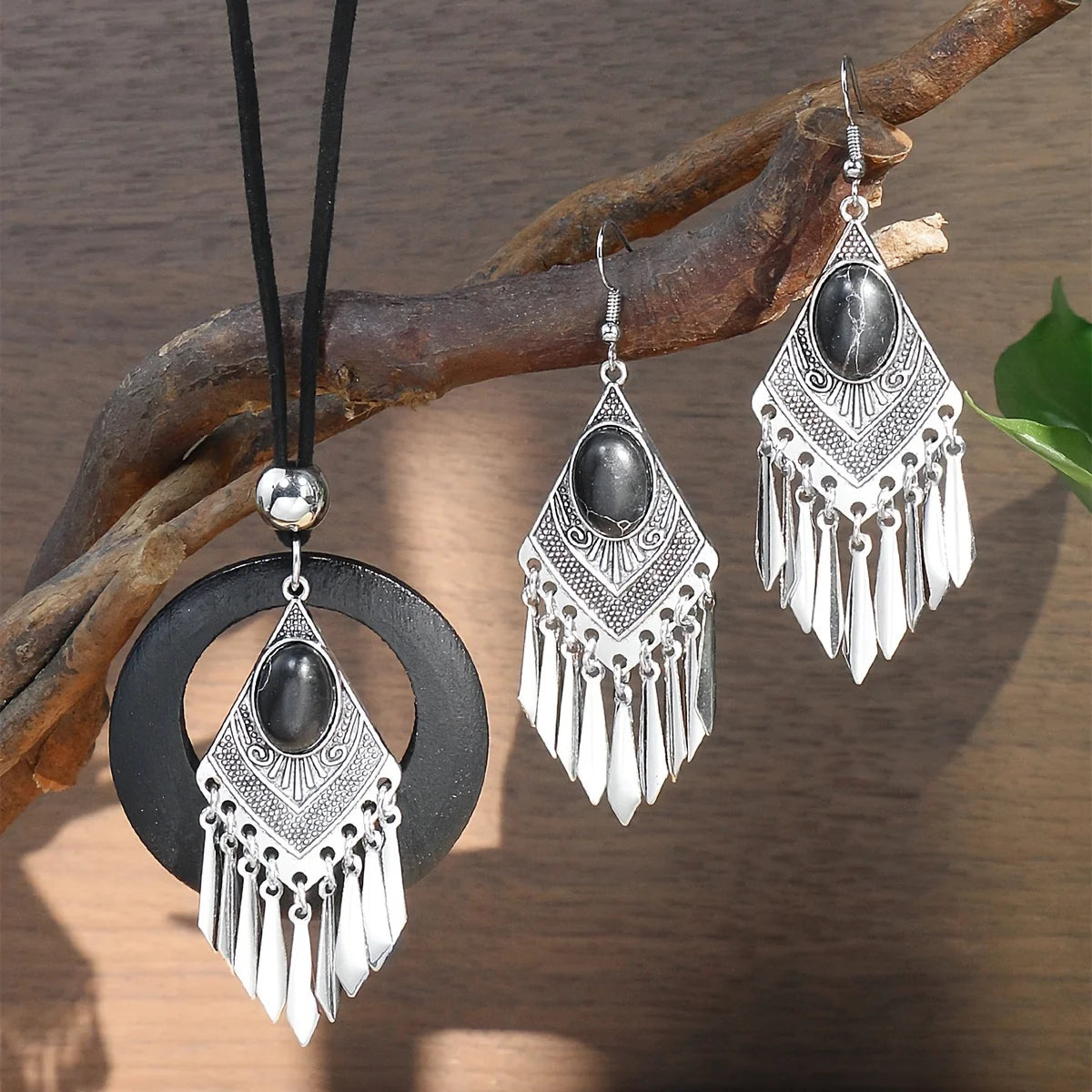 Bold Bohemian Style Alloy Spiral Pendant Necklace & Earrings