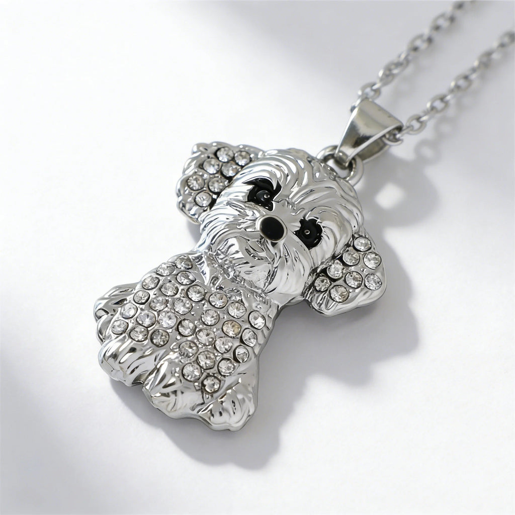 Cute Sparkling Maltese Puppy Pendant Necklace Zinc Alloy & Stainless Steel
