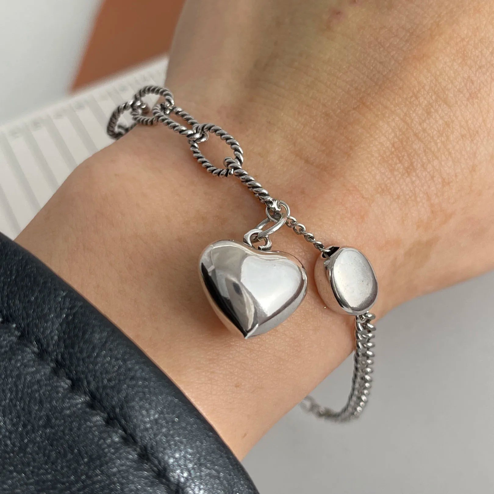 Solid 925 Sterling Silver Charm Bracelet Heart Teddy Love