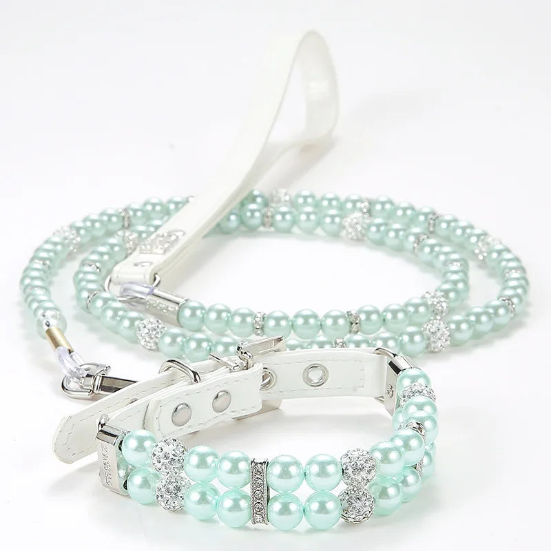 Fashionable Faux Pearl Crystals Adjustable Collar & Leash