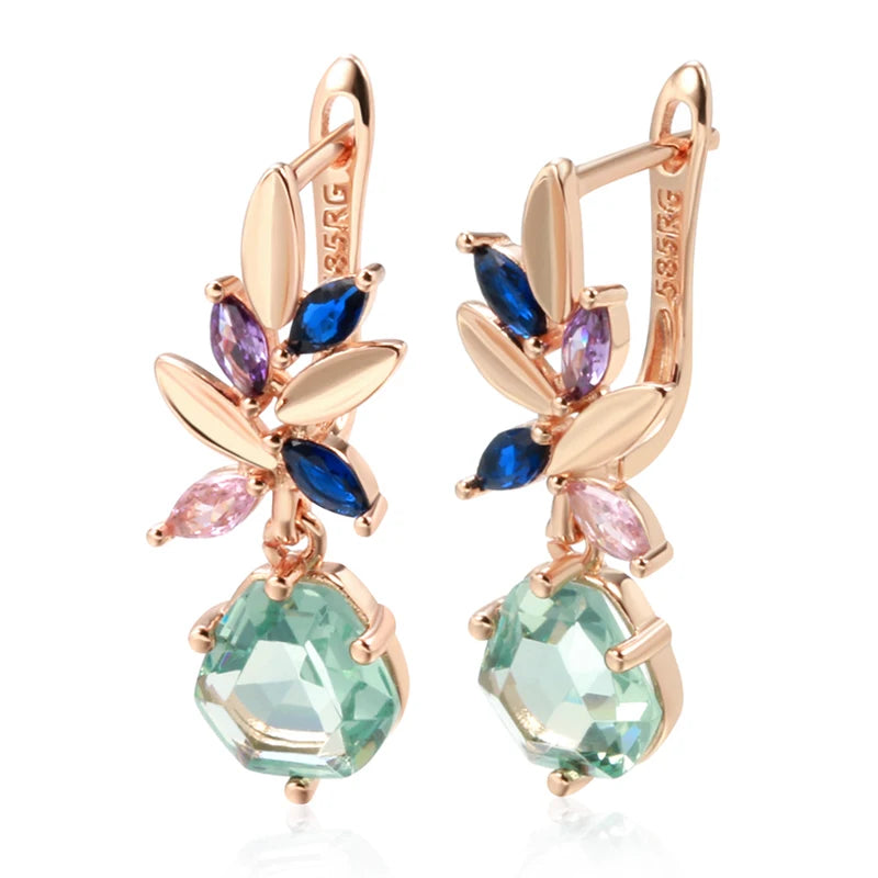 14K Rose Gold Plated Copper Earrings Natural Zircon Green Stone & Petals