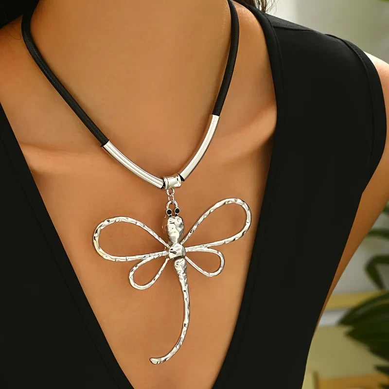 Bold Boho Style Silver Dragonfly Alloy Pendant on Long Cord Choker Necklace
