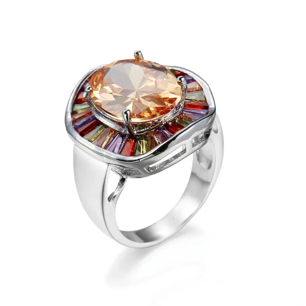 925 Sterling Silver Plated Copper Ring with Multicolored Stones - Bold, Attention, Cocktail Ring