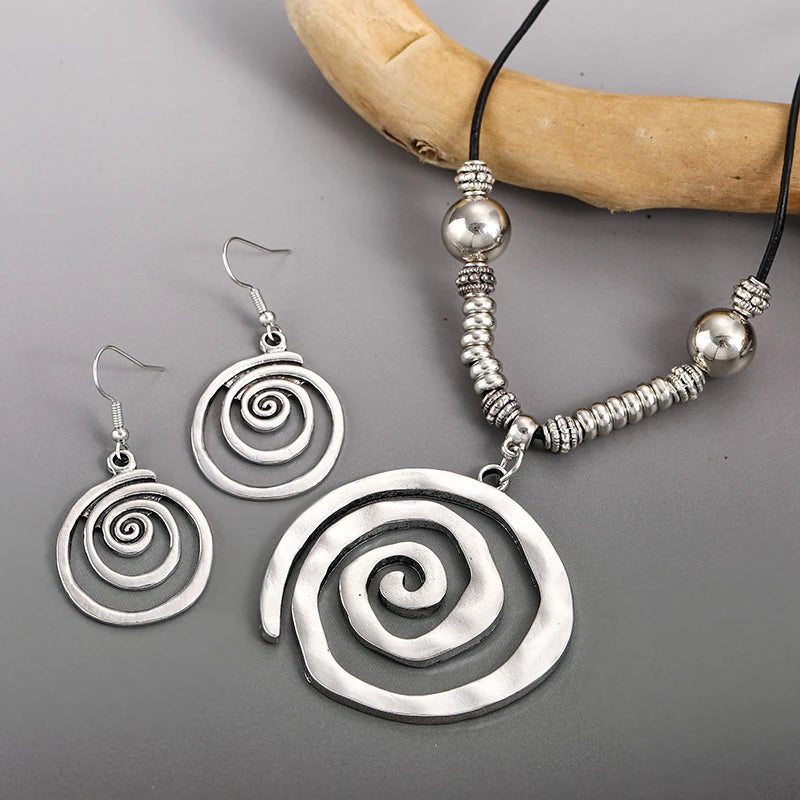 Bold Bohemian Style Alloy Spiral Pendant Necklace & Earrings