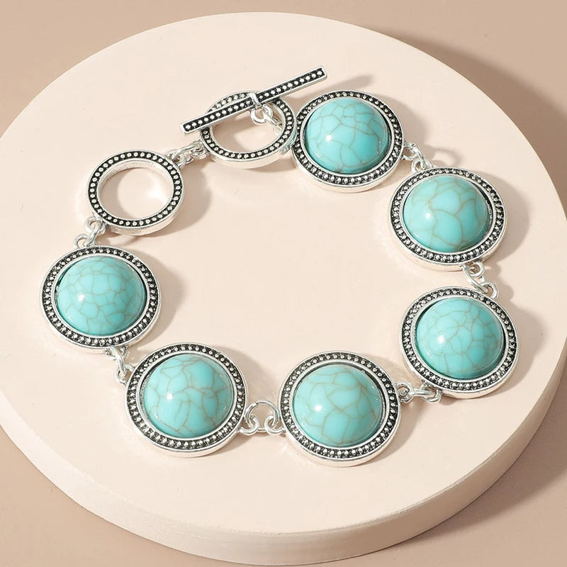 Large Round Faux Pearl Zinc Alloy Bracelet - Boho Style Bold Adjustable