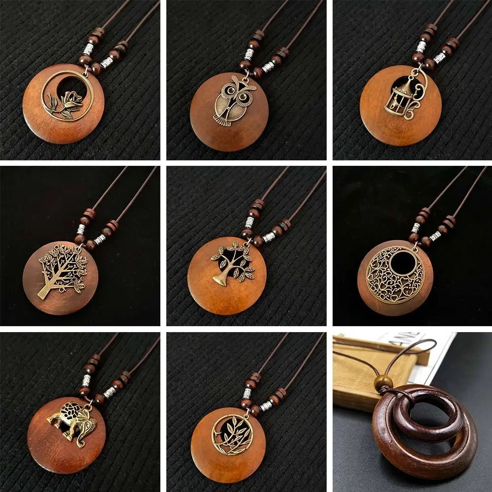 Retro Wooden Pendant Aluminum Alloy Chain Necklace Selection