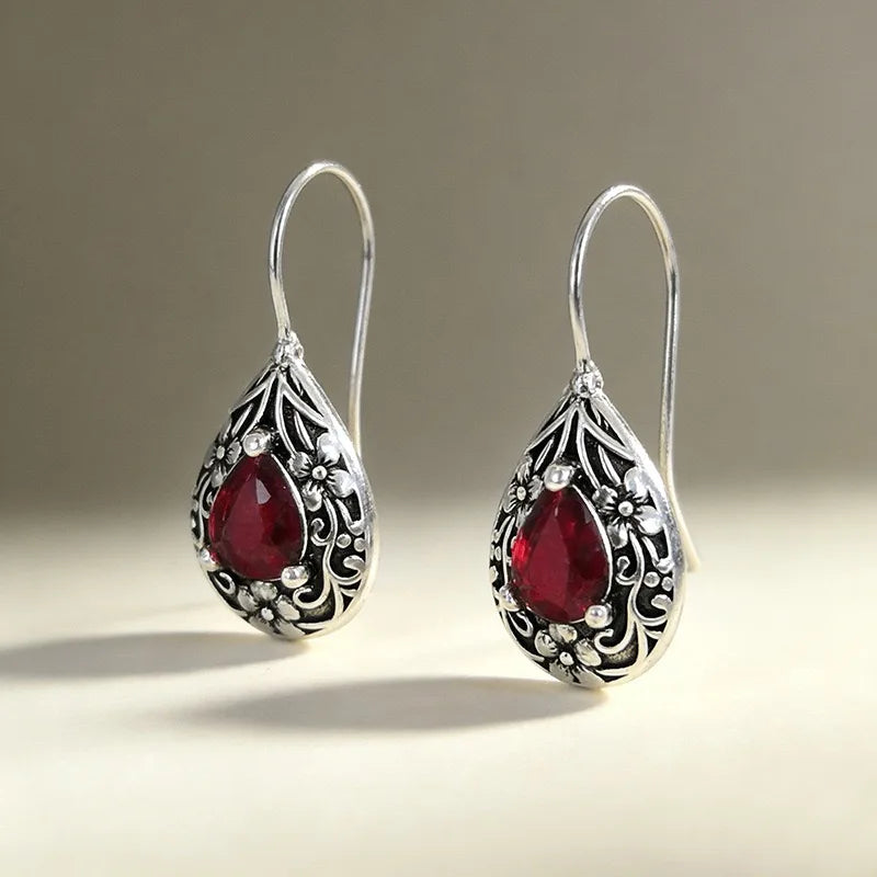925 Sterling Silver Red Zircon Flower Drop Earrings