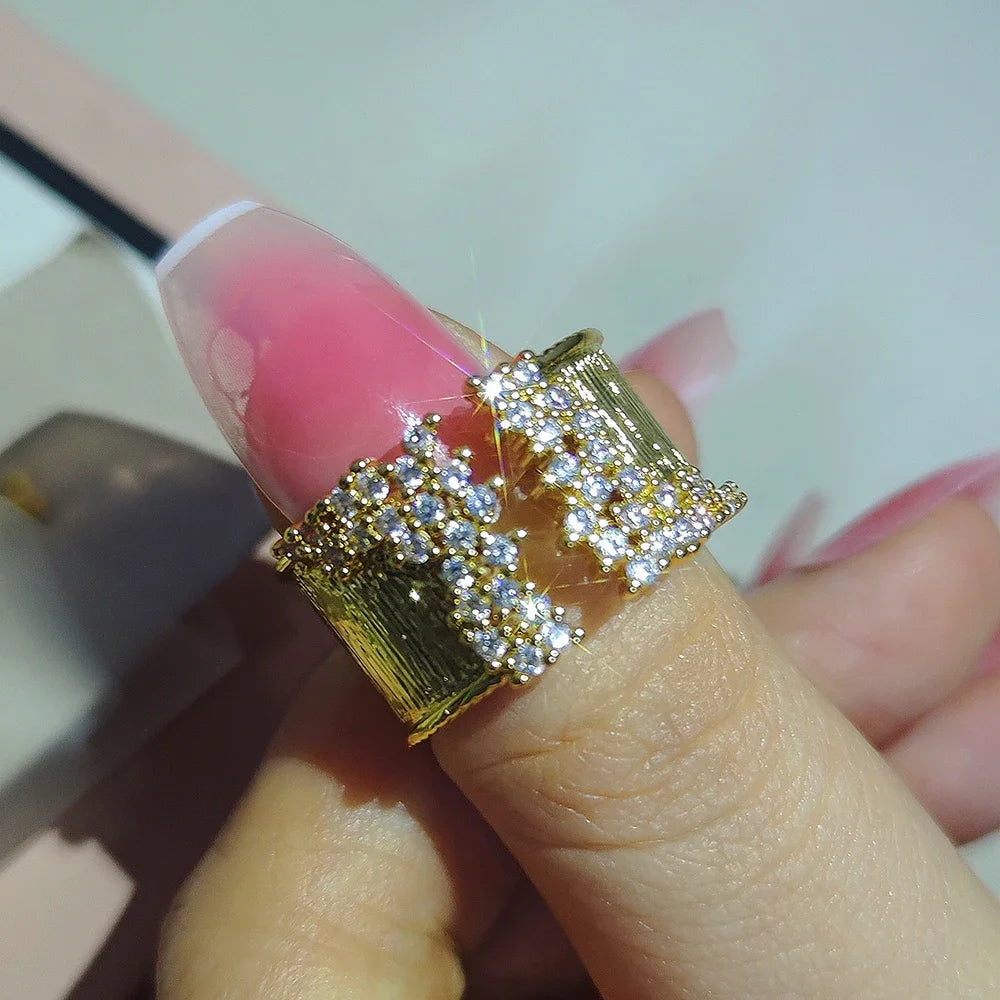 Cubic Zirconia Stones Wide Band Gold Plated Copper Ring with Wiredrawing Effect - Bold, Luxurious, Statement