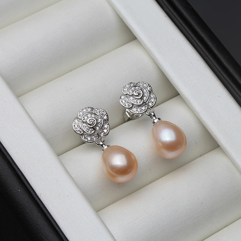 925 Sterling Silver Freshwater Pearl CZ Flower Drop Earrings