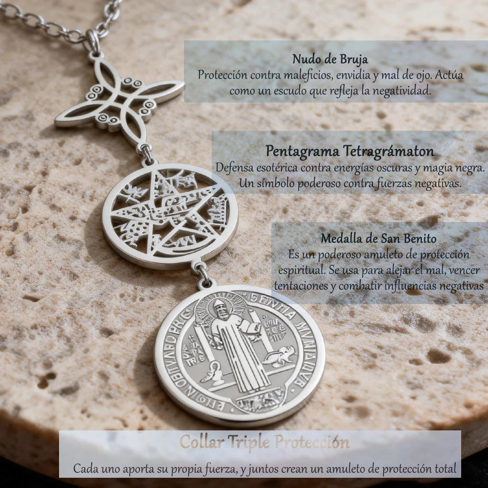 Triple Protection Stainless Steel Necklace: Witch knot, Pentagram Tetragrammaton, St. Benedict.