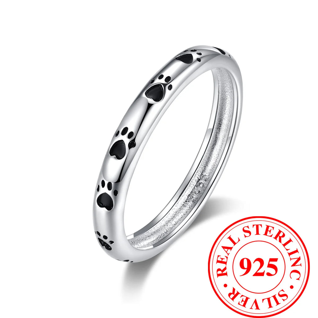 925 Sterling Silver Dog Paw Footprint Band Ring with Black Cubic Zirconia Hearts