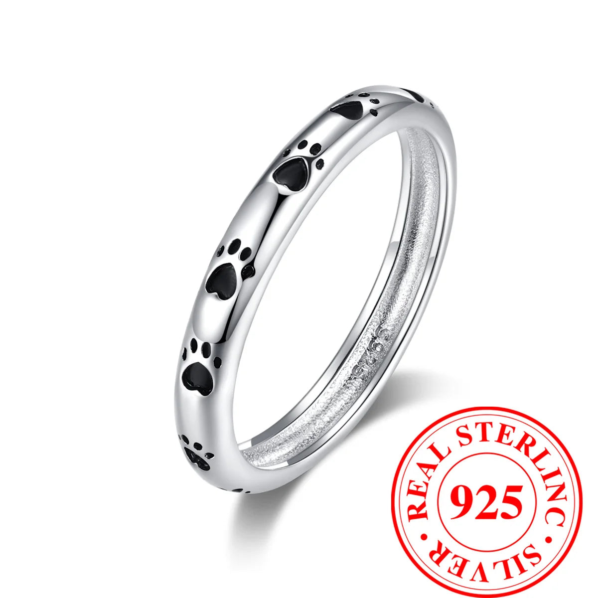 925 Sterling Silver Dog Paw Footprint Band Ring with Black Cubic Zirconia Hearts