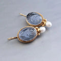 Retro Geometric Hexagonal Green/Blue Crystal Faux Pearl Copper Earrings