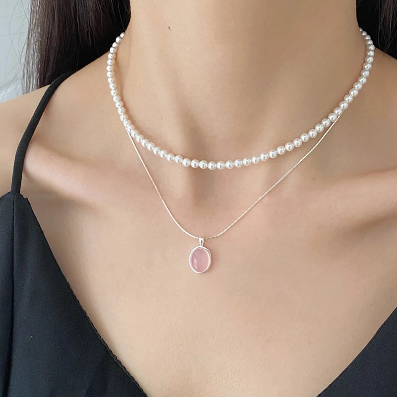 925 Sterling Silver Pink Crystal Moonstone Feminine Necklace