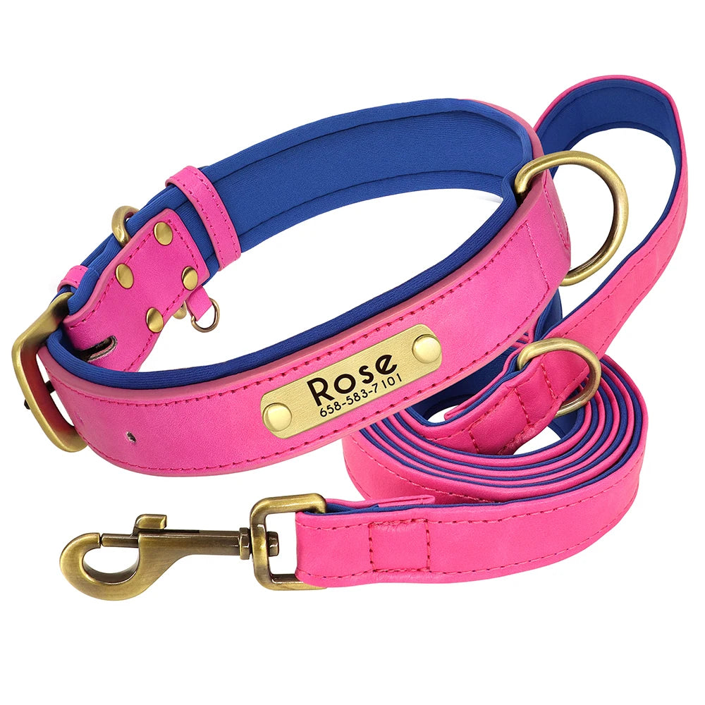 Quality Faux Leather Dog Collar Leash Set - Customize, Engrave, Name Tag
