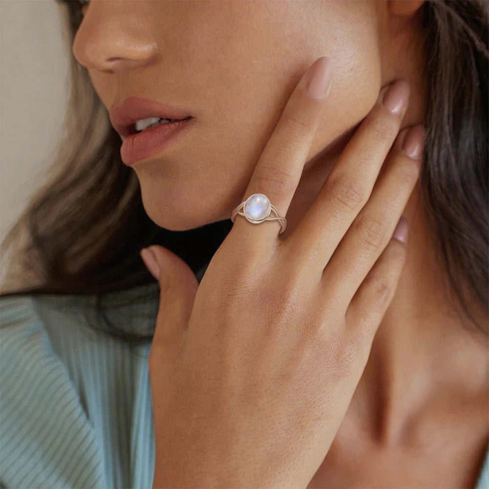 925 Sterling Silver Ring Natural 8-10mm Moonstone Ring