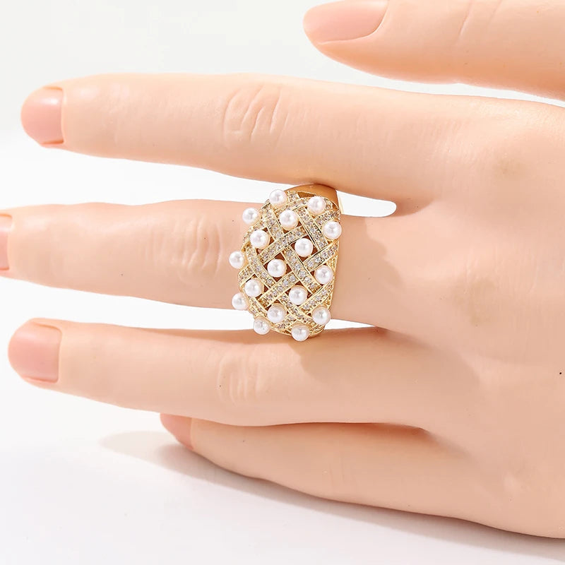 Cubic Zirconia Luxury Faux Pearl Gold Plated Copper Cocktail Ring