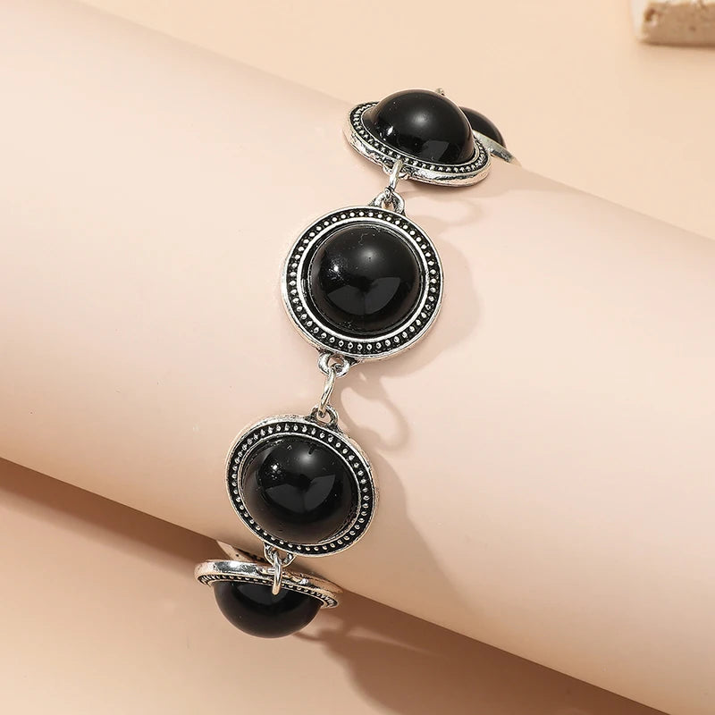 Large Round Faux Pearl Zinc Alloy Bracelet - Boho Style Bold Adjustable