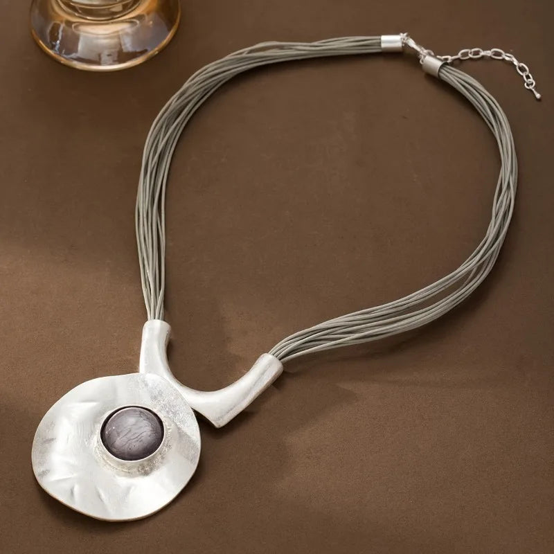 Large Metal Oval Hollow Geometric Alloy Pendant & Stone on Adjustable Multilayered Rope Chain