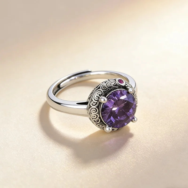 925 Sterling Silver Large Purple CZ Stone Adjustable Ring
