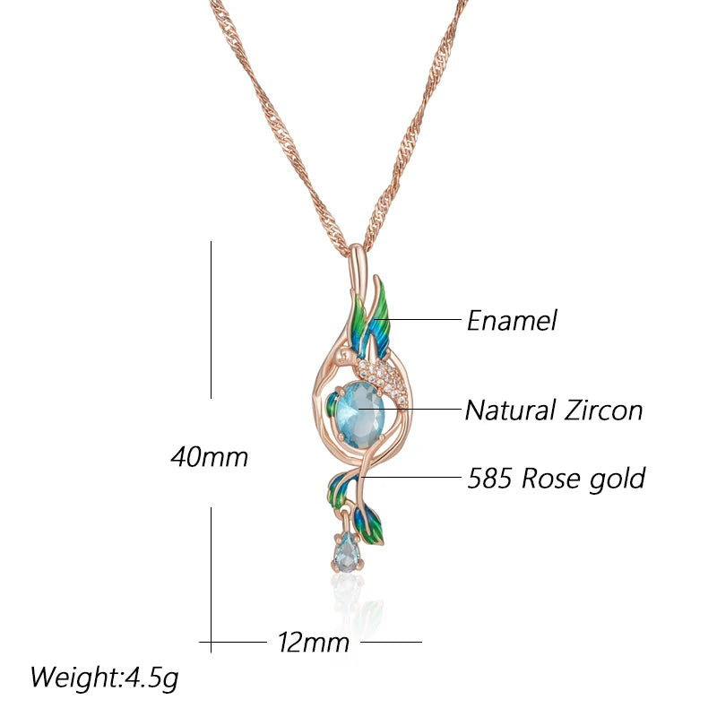 14K Rose Gold Plated Copper Peacock Pendant Necklace with Blue Natural Zircon