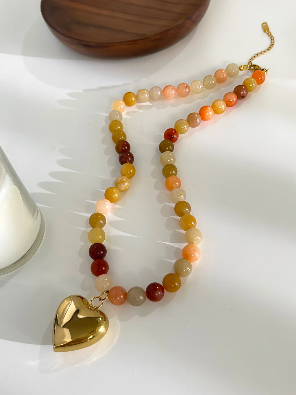 18K Gold Plated Steel Necklace - Boho Brown/Orange Natural Stone Handmade Beaded
