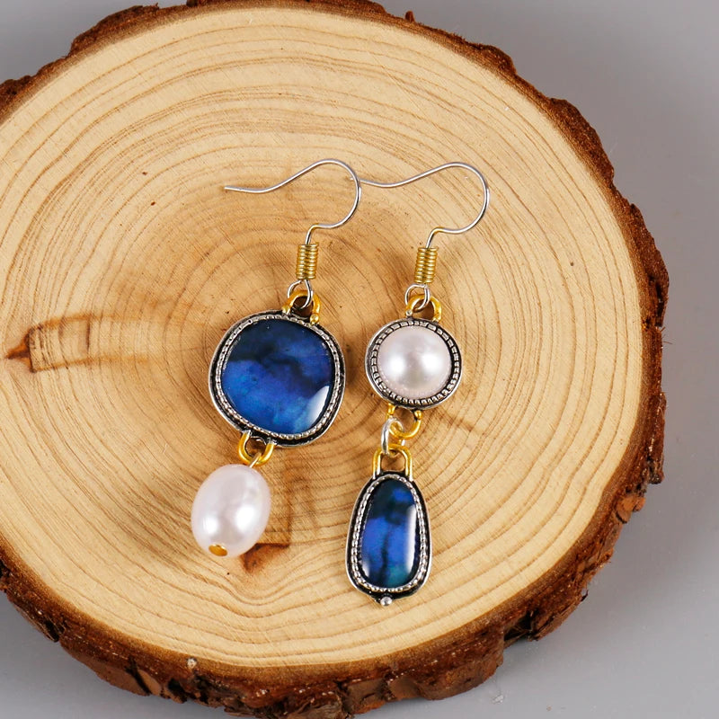 Boho Faux Pearl Blue Stone Dangle Alloy Earrings