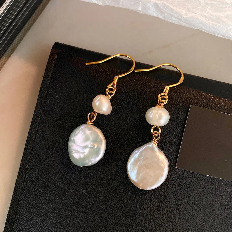 Baroque Button Natural Freshwater Pearl 14K Gold Filled Drop Earrings