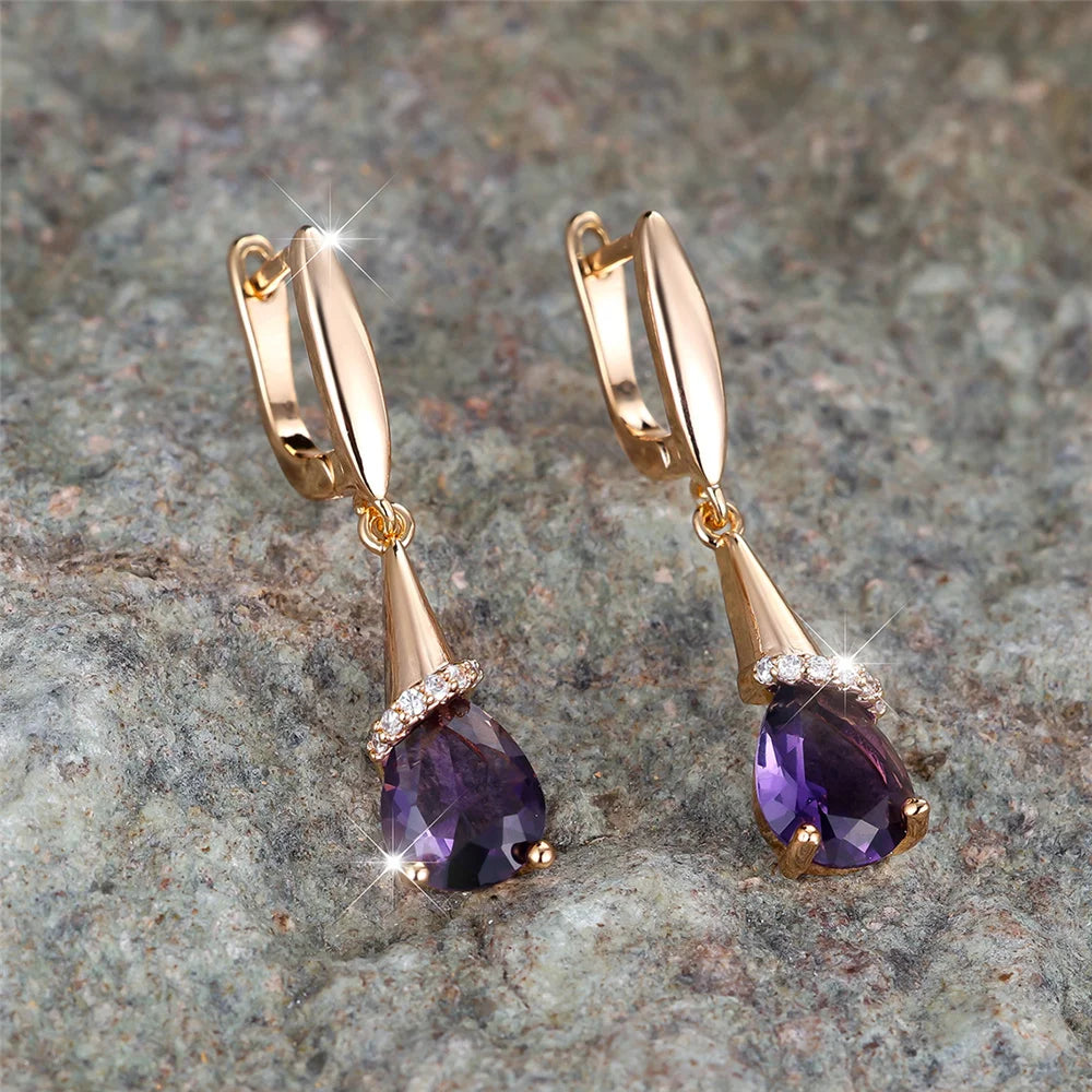 Elegant Female Purple Zircon Stone Water Drop Gold Color Earrings Cute Dangle Boho Wedding Jewelry For Women