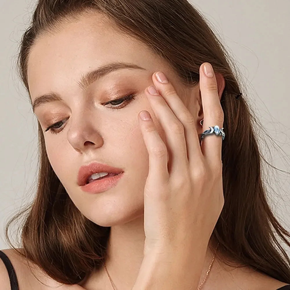 Unique Stainless Steel Natural Blue Moonstone Crescent Moon Ring