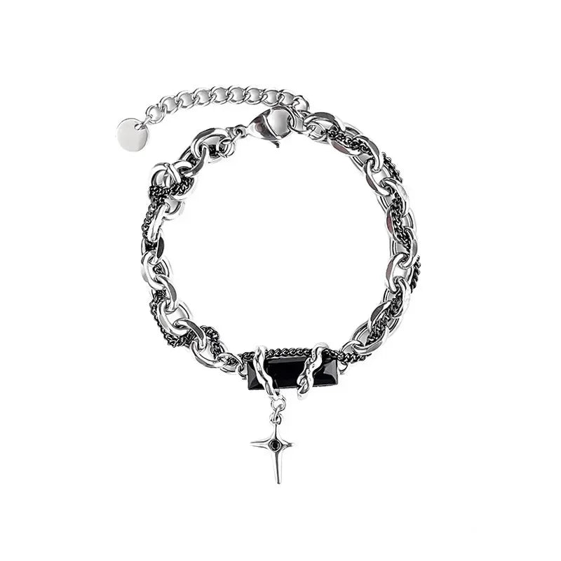 Retro Black Zircon Star Chain Stainless Steel Punk Bracelet